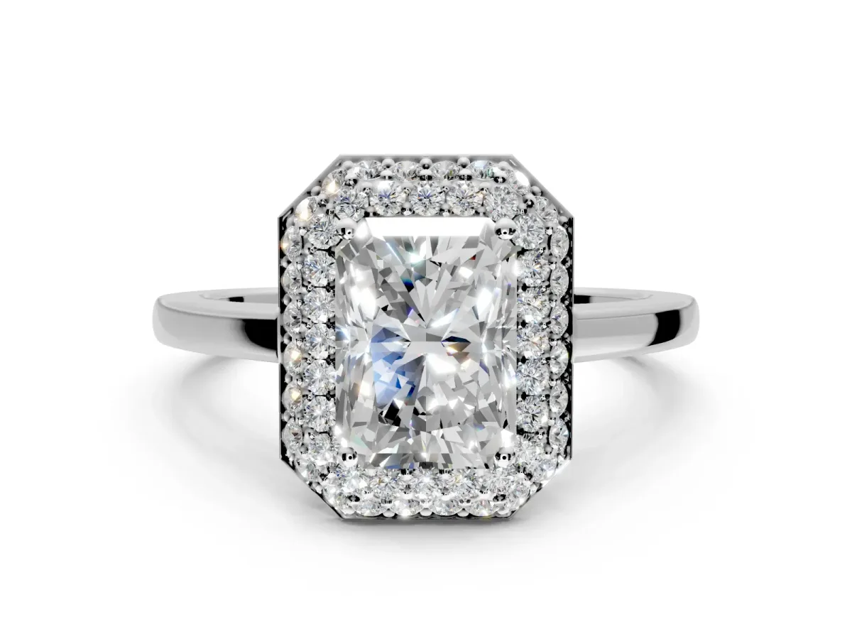 Halo Engagement Ring Setting for Radiant Cut Center with Plain Tapered Band and Prong Head in Platinum