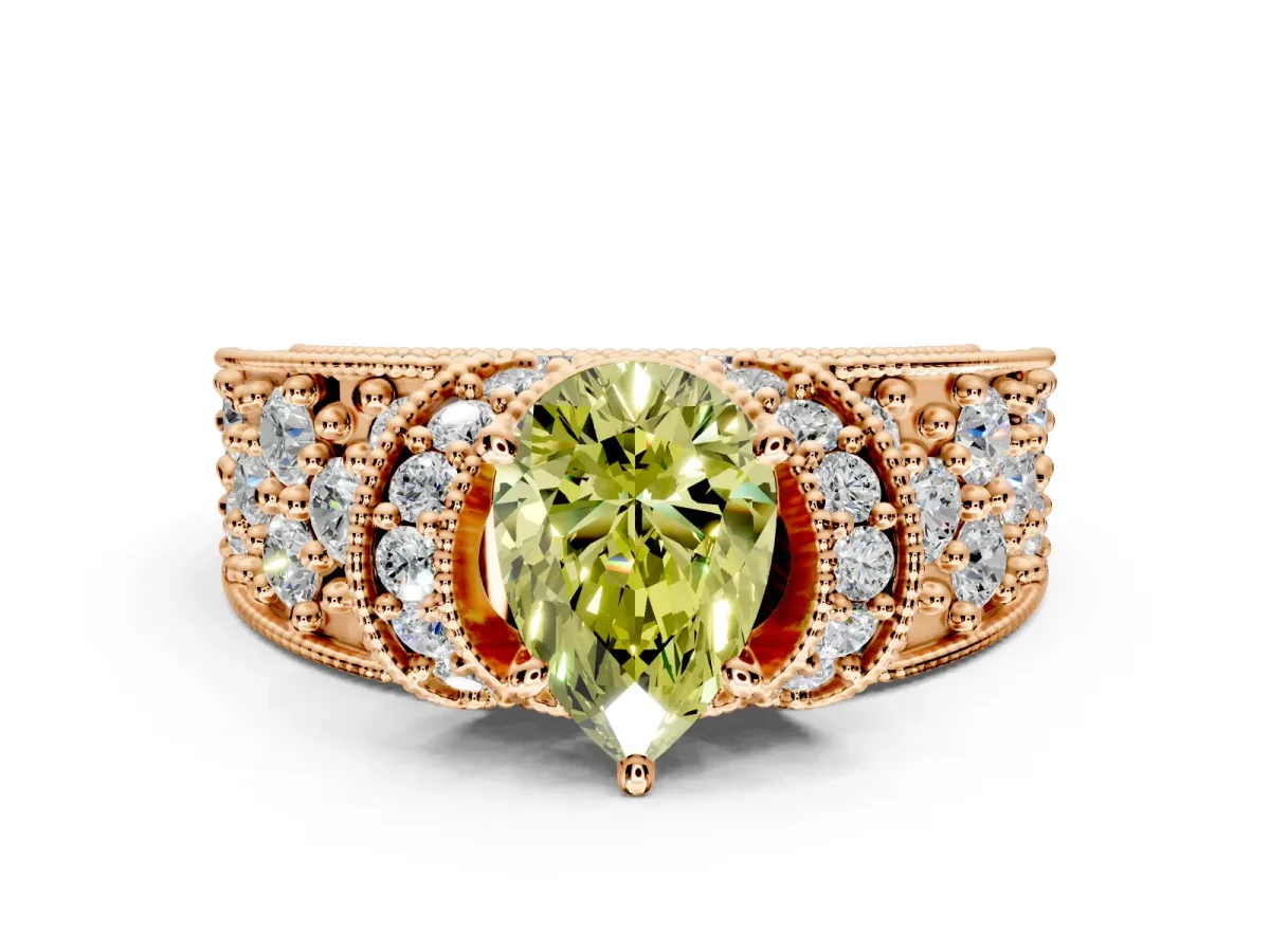 Pave Engagement Ring Setting for Fancy Yellow Pear-Shaped Center with Curved Accent Rows, Openwork and Prong Head in Rose Gold