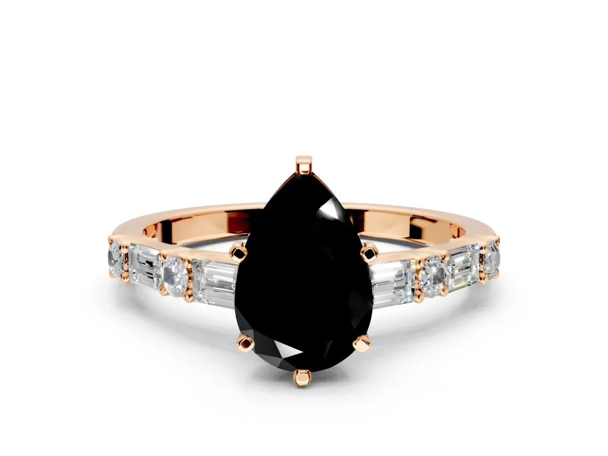 Baguette Engagement Ring Setting for Fancy Black Pear-Shaped Center with Alternating Bar-Set Band and Prong Head in Rose Gold