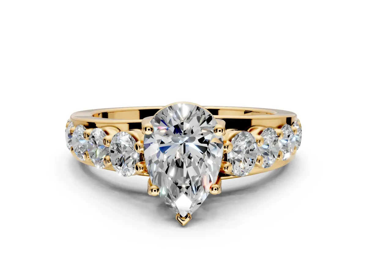 Solitaire Engagement Ring Setting for Pear-Shaped Center with Graduated Shared Prongs and Prong Head in Yellow Gold