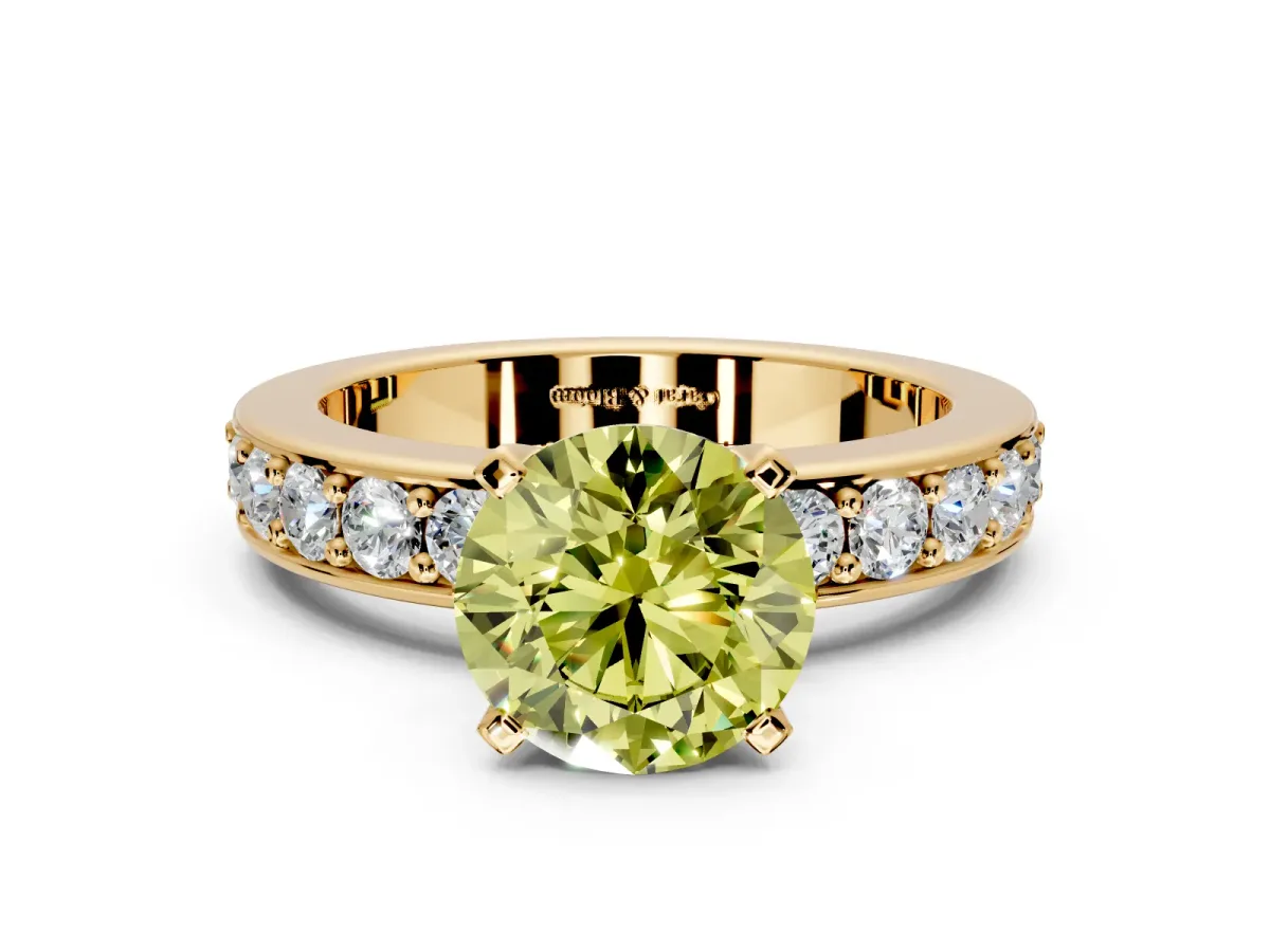Solitaire Engagement Ring Setting for Fancy Yellow Round Cut Center with Channel-Set Accents and Prong Head in Yellow Gold
