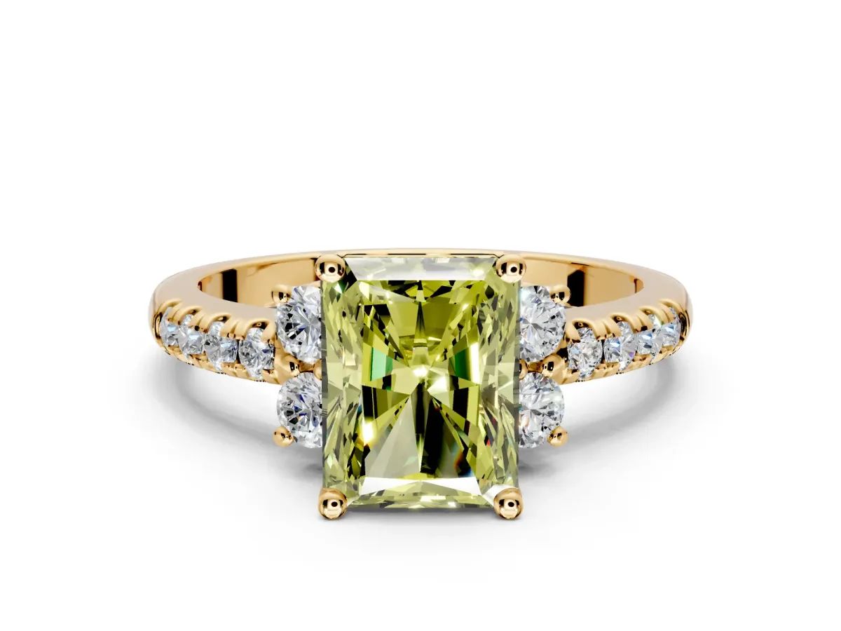 Paired Accent Engagement Ring Setting for Fancy Yellow Radiant Cut Center with Pave Band and Prong Head in Yellow Gold