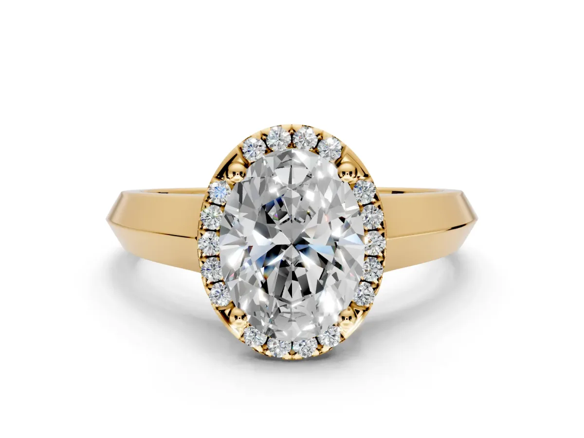 Halo Engagement Ring Setting for Oval Center with Knife Ridge Cathedral Band and Prong Head in Yellow Gold