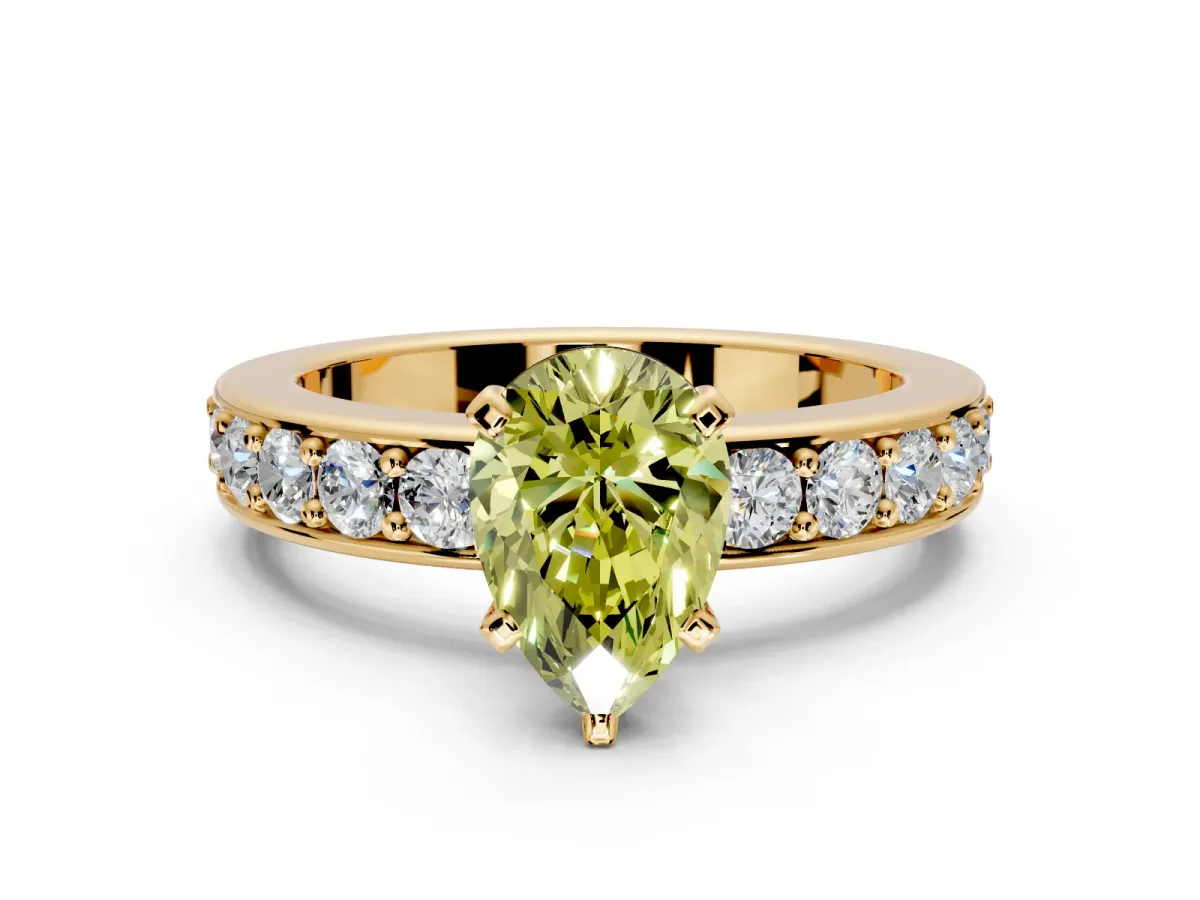 Solitaire Engagement Ring Setting for Fancy Yellow Pear-Shaped Center with Channel-Set Accents and Prong Head in Yellow Gold