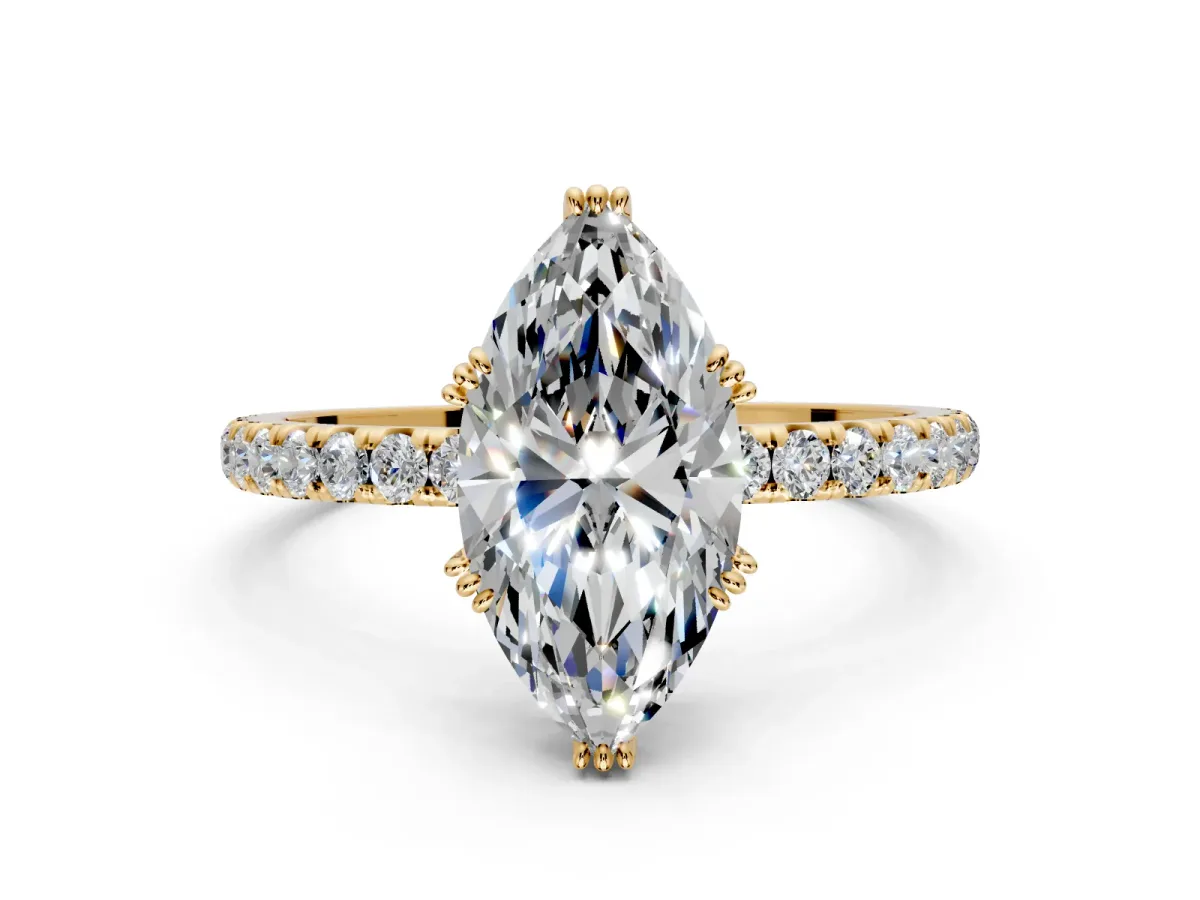 Solitaire Engagement Ring Setting for Marquise Center with Pave Band and Claw Prong Head in Yellow Gold