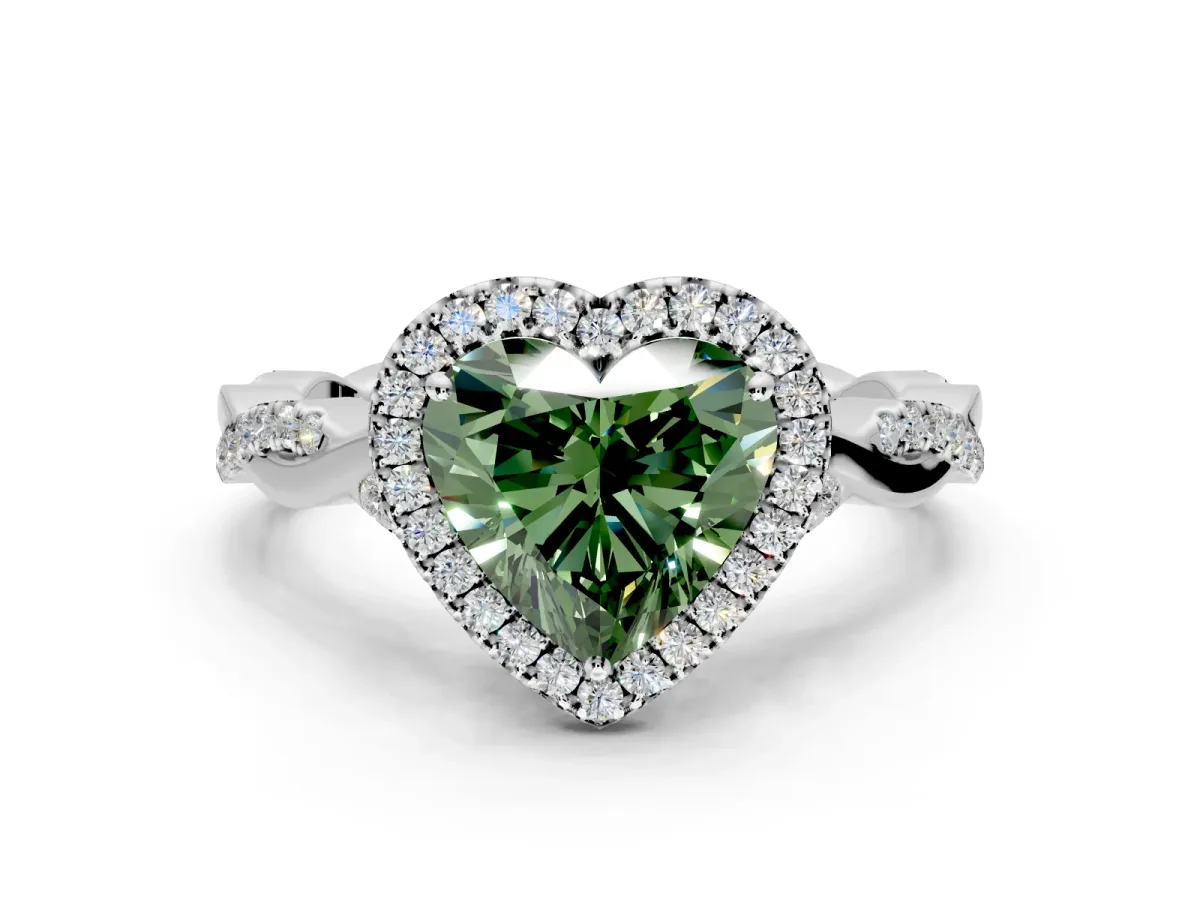 Halo Engagement Ring Setting for Fancy Green Heart-Shaped Center with Twist Band and Prong Head in Sterling Silver