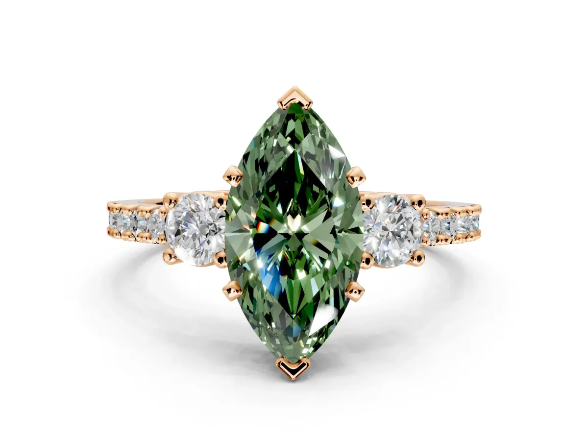 3 Stone Engagement Ring Setting for Fancy Green Marquise Center with Round Cut Side Accents and Prong Head in Rose Gold
