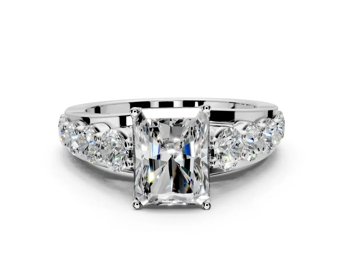 Solitaire Engagement Ring Setting for Radiant Cut Center with Graduated Shared Prongs and Prong Head in Platinum