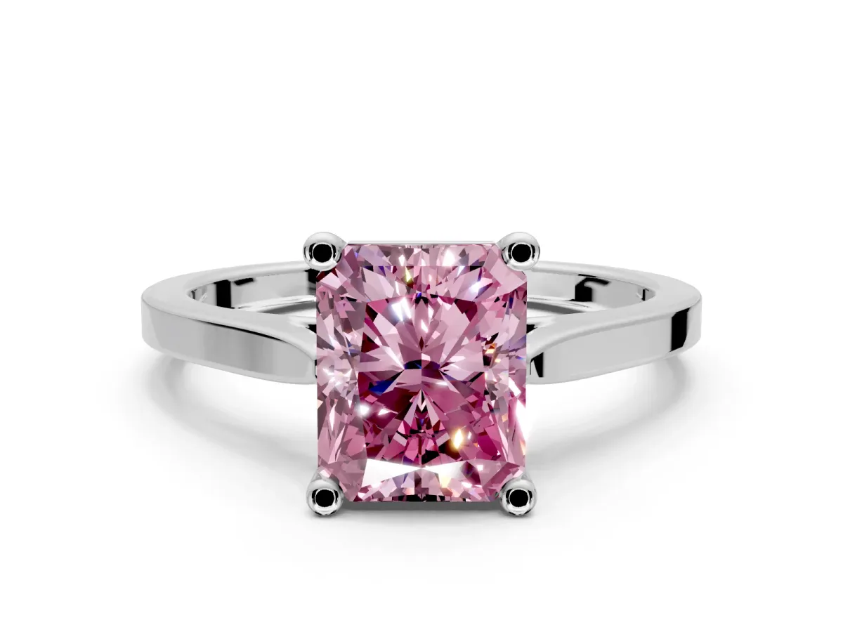 Solitaire Engagement Ring Setting for Fancy Pink Radiant Cut Center with Tapered Shoulders and Prong Head in White Gold