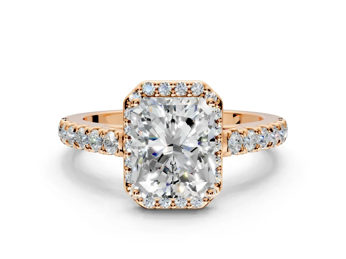 Halo Engagement Ring Setting for Radiant Cut Center with Full Pave Band and Prong Head in Rose Gold