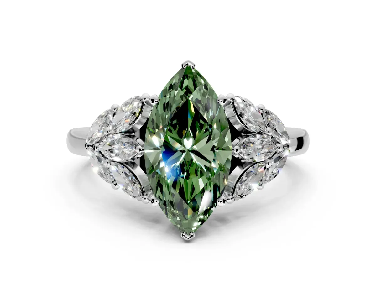 Leaf Cluster Engagement Ring Setting for Fancy Green Marquise Center with Marquise Accents and Prong Head in Sterling Silver