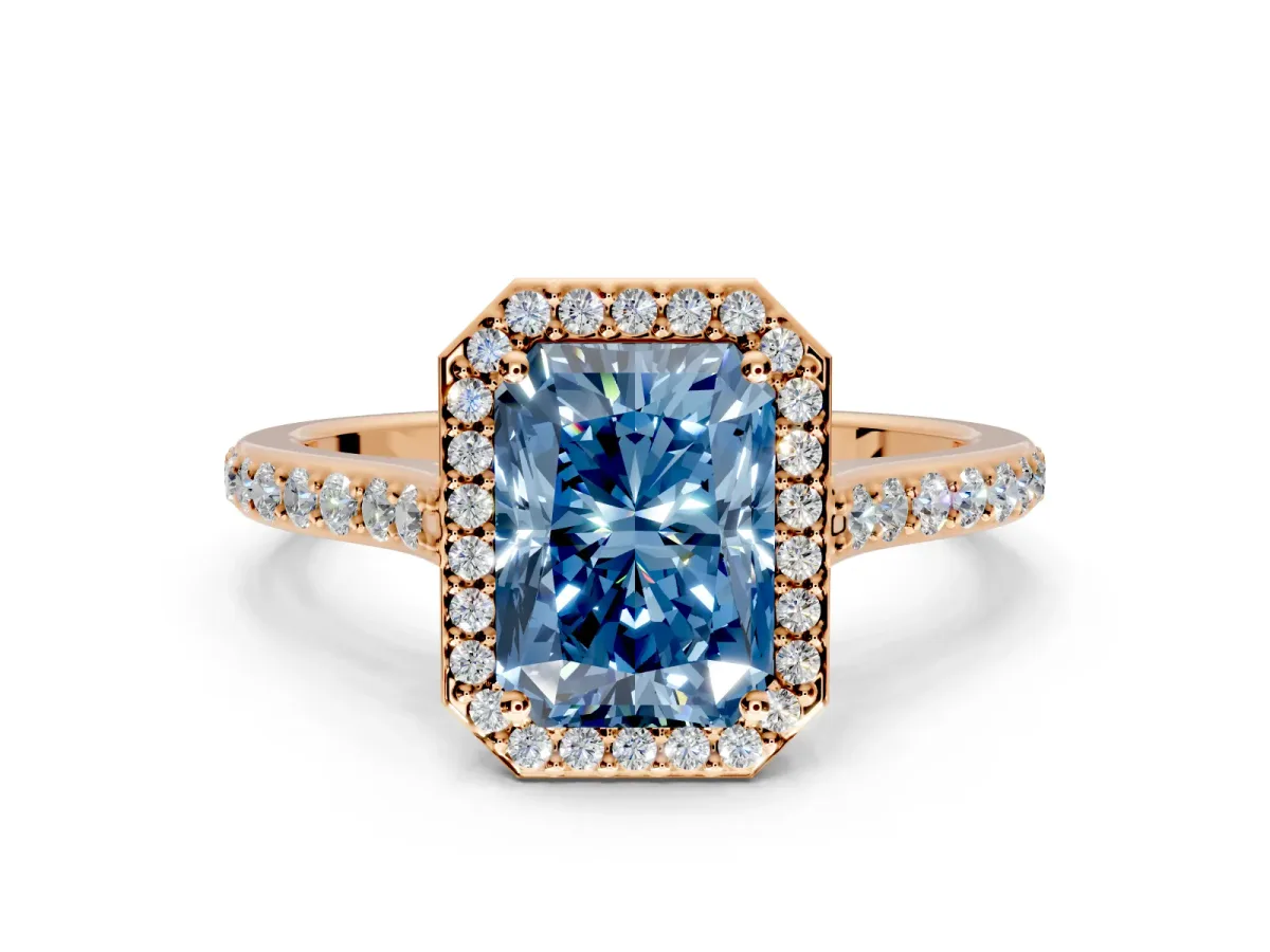 Halo Engagement Ring Setting for Fancy Blue Radiant Cut Center with Pave Accents, Heart Basket and Prong Head in Rose Gold