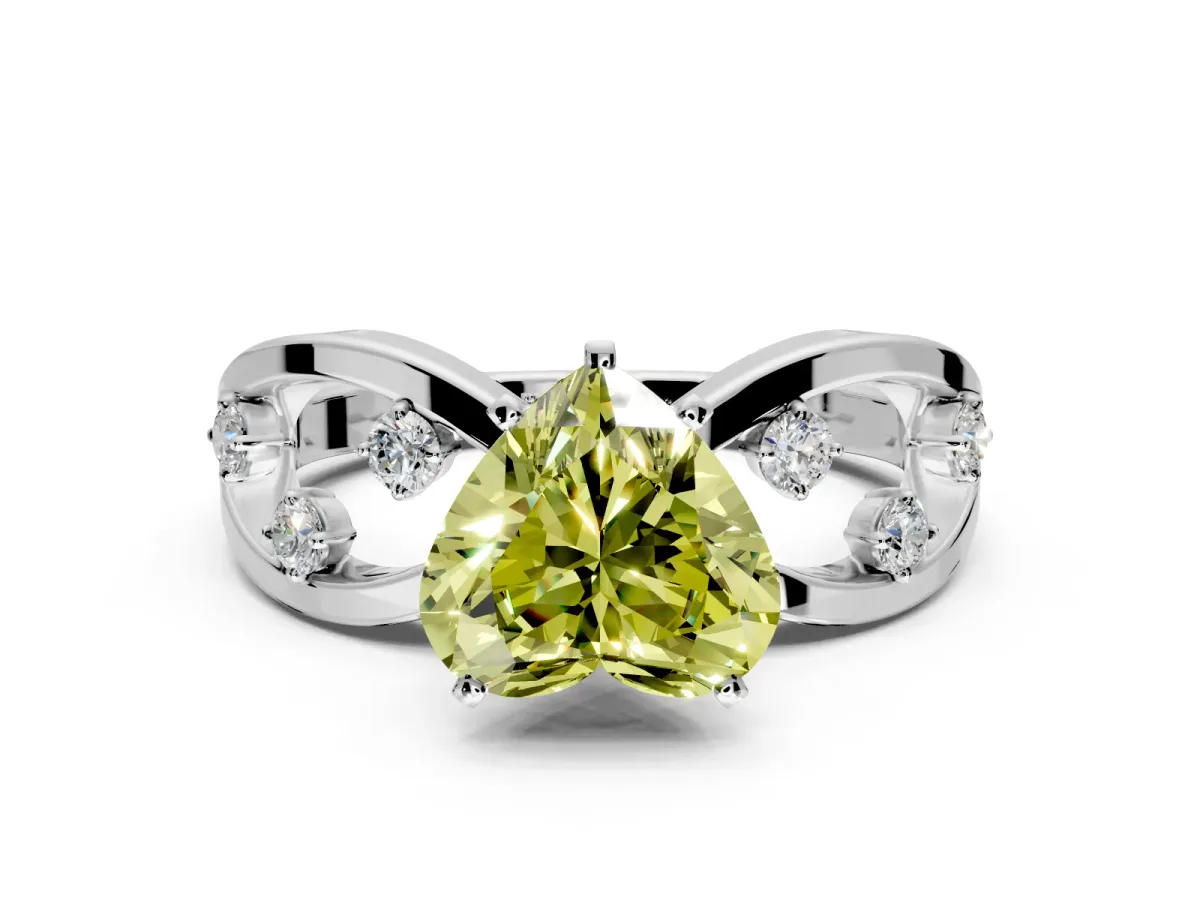 Solitaire Engagement Ring Setting for Fancy Yellow Heart-Shaped Center with Criss-Cross Accent Band and Prong Head in Platinum