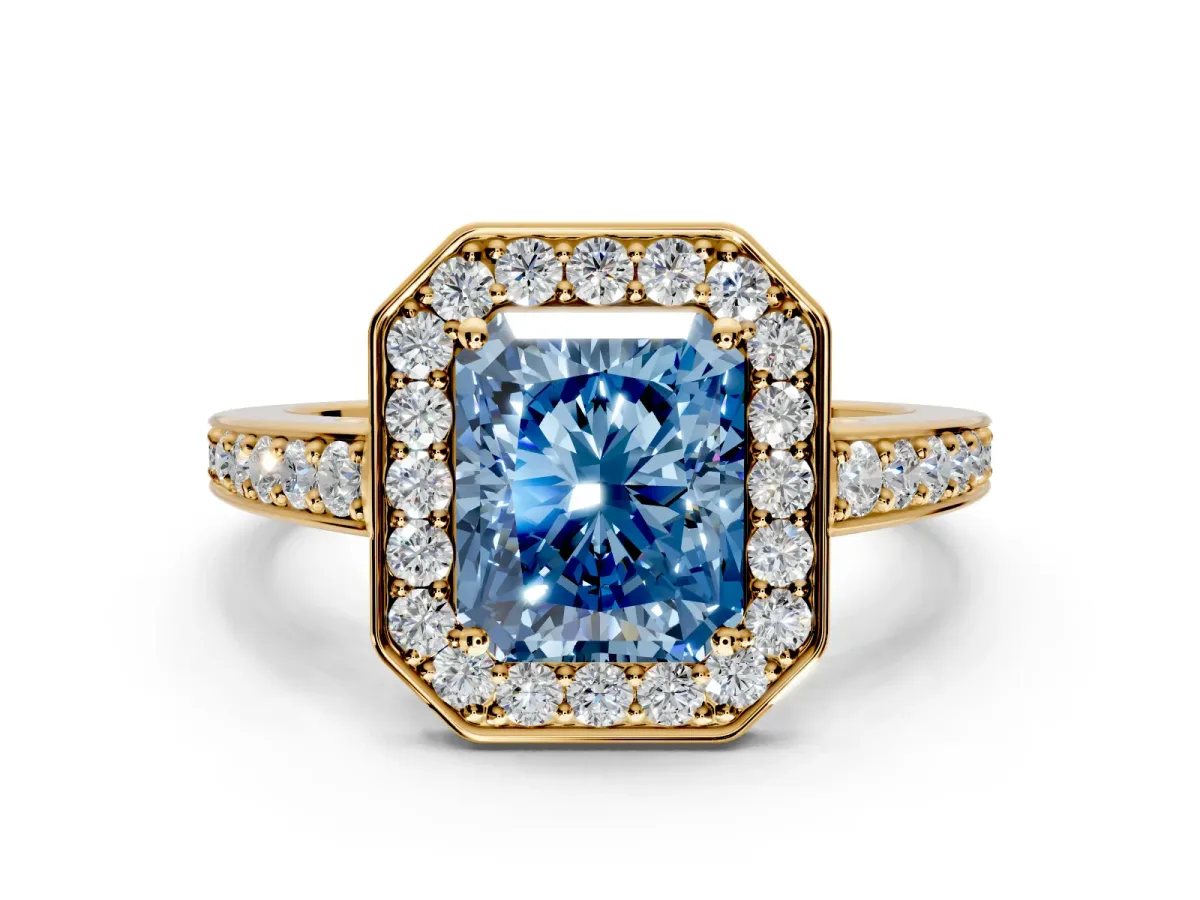 Bezel-Framed Halo Engagement Ring Setting for Fancy Blue Radiant Cut Center with Pave Band and Prong Head in Yellow Gold
