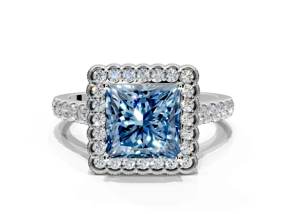 Milgrain Floral Halo Engagement Ring Setting for Fancy Blue Princess Cut Center with Pave Band and Prong Head in White Gold