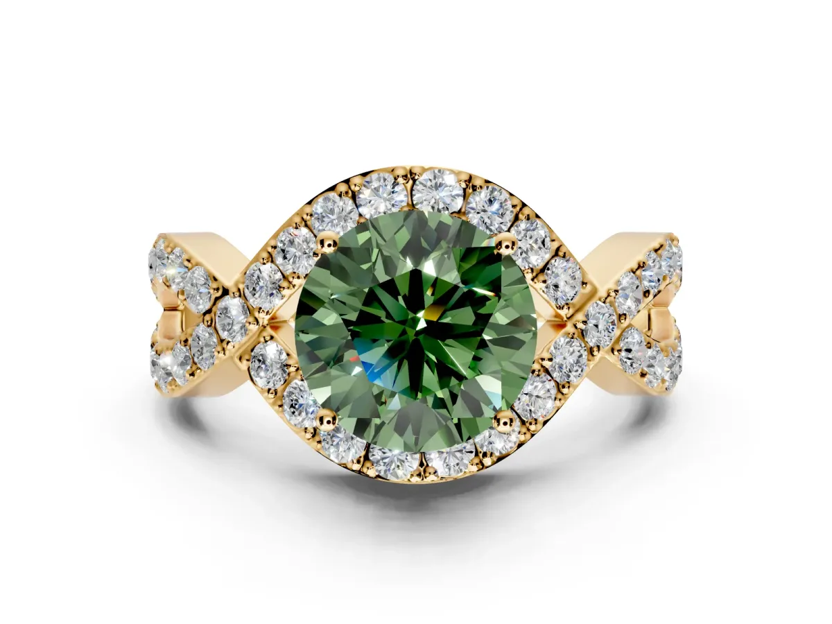 Halo Engagement Ring Setting for Fancy Green Round Cut Center with Pave Infinity Twist Band and Prong Head in Yellow Gold
