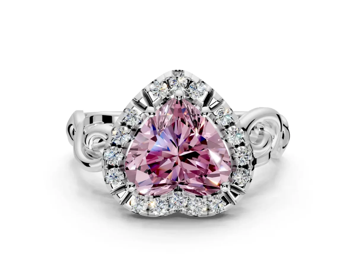 Halo Engagement Ring Setting for Fancy Pink Heart-Shaped Center with Open Scroll Shoulders and Prong Head in White Gold