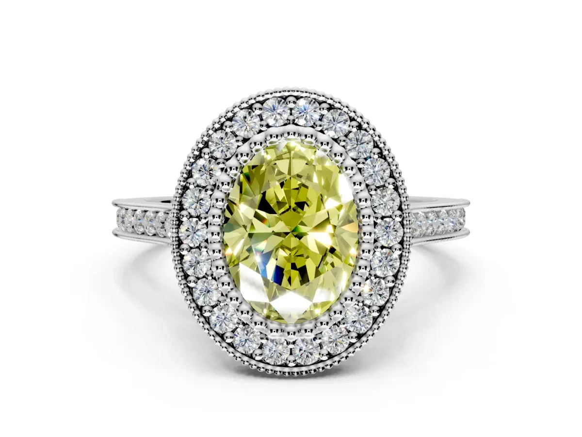 Halo Engagement Ring Setting for Fancy Yellow Oval Center with Milgrain Frame, Pave Band and Prong Head in Platinum
