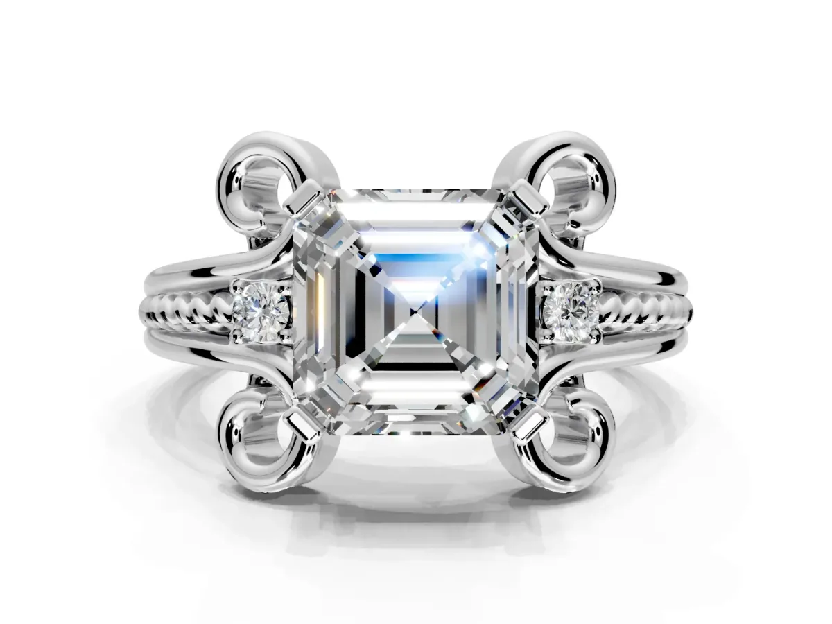 Solitaire Engagement Ring Setting for Asscher Cut Center with Twisted Band and Scroll Prong Head in Sterling Silver