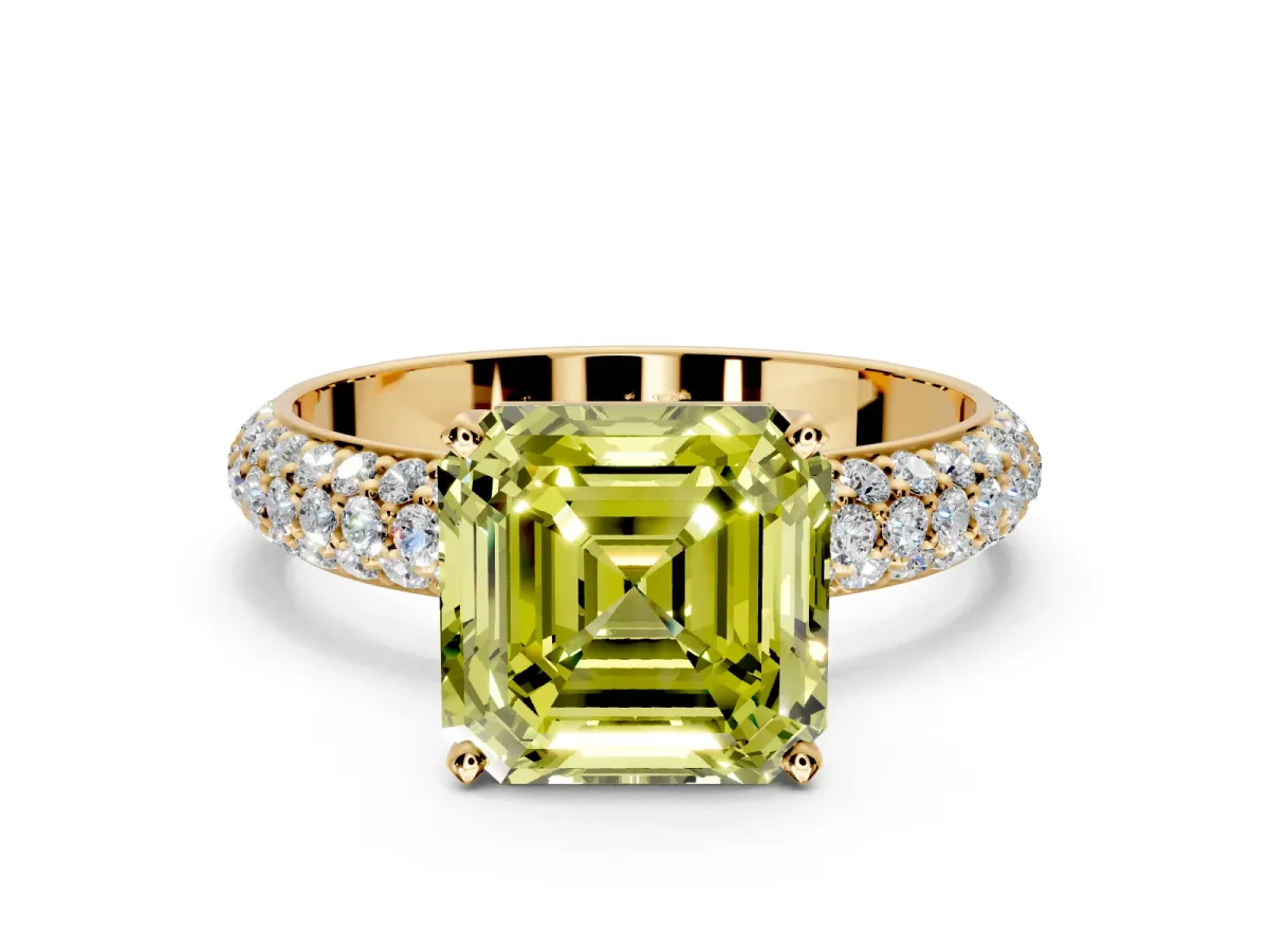 Solitaire Engagement Ring Setting for Fancy Yellow Asscher Cut Center with Domed Multi-Row Pave Band and Prong Head in Yellow Gold