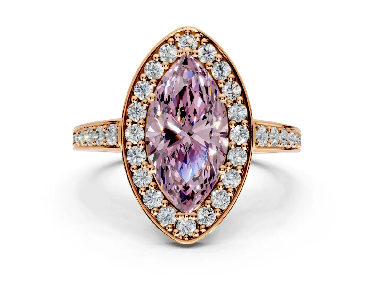 Bezel-Framed Halo Engagement Ring Setting for Fancy Pink Marquise Center with Pave Band and Prong Head in Rose Gold