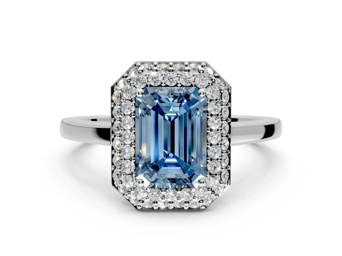 Halo Engagement Ring Setting for Fancy Blue Emerald Cut Center with Plain Tapered Band and Prong Head in Sterling Silver