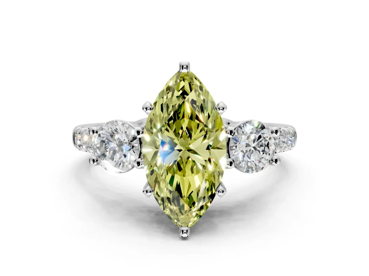 3 Stone Engagement Ring Setting for Fancy Yellow Marquise Center with Crossover Basket, Pave Band and Prong Head in Platinum