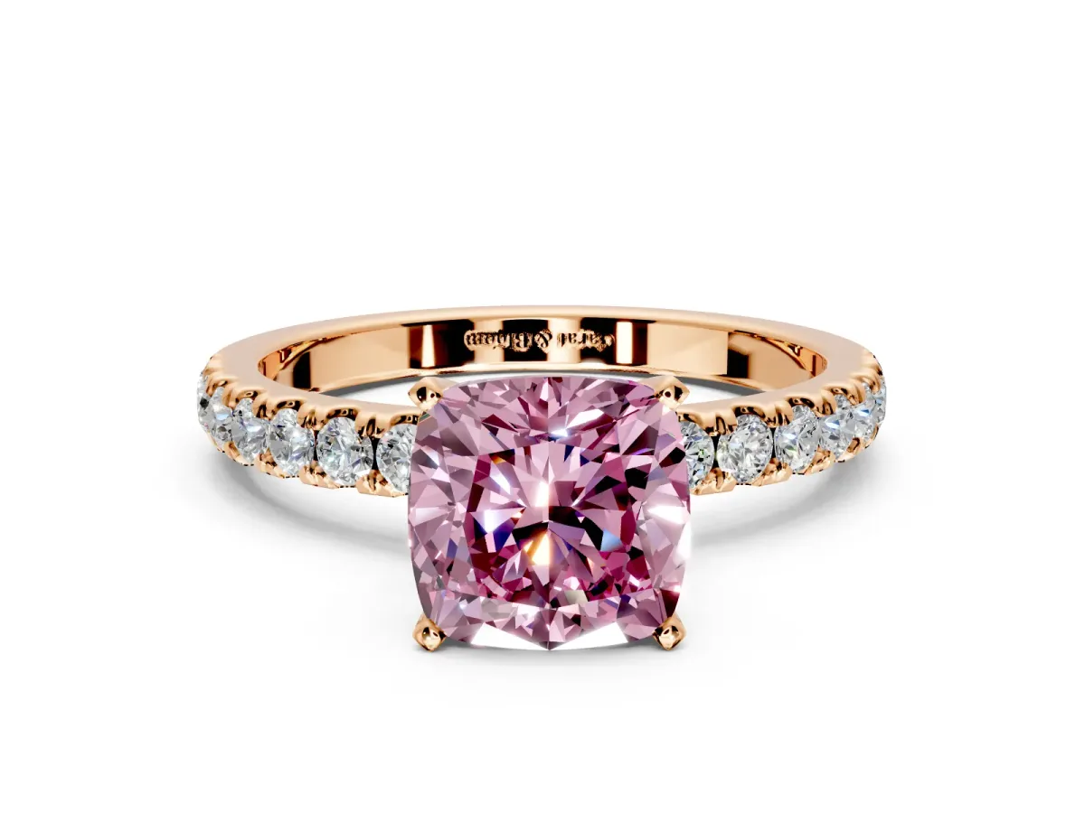 Open Basket Engagement Ring Setting for Fancy Pink Cushion Cut Center with Pave Band and Prong Head in Rose Gold
