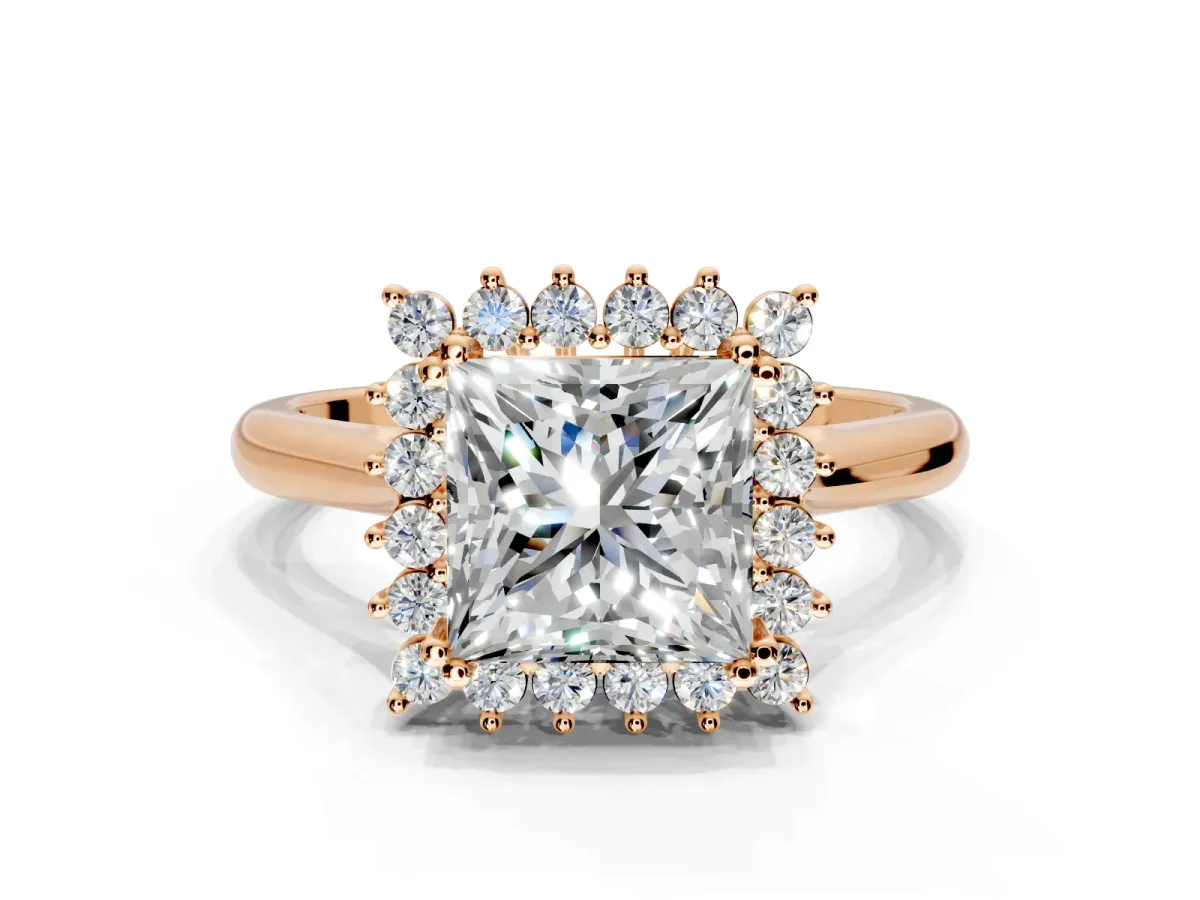 Starburst Halo Engagement Ring Setting for Princess Cut Center with Thin Round-Wire Band and Prong Head in Rose Gold