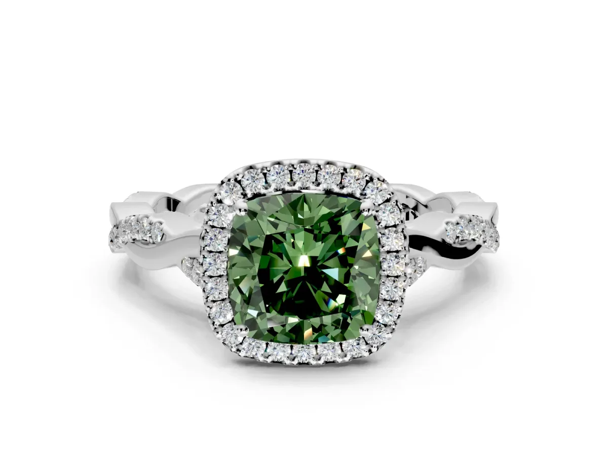 Halo Engagement Ring Setting for Fancy Green Cushion Cut Center with Twist Band and Prong Head in Sterling Silver