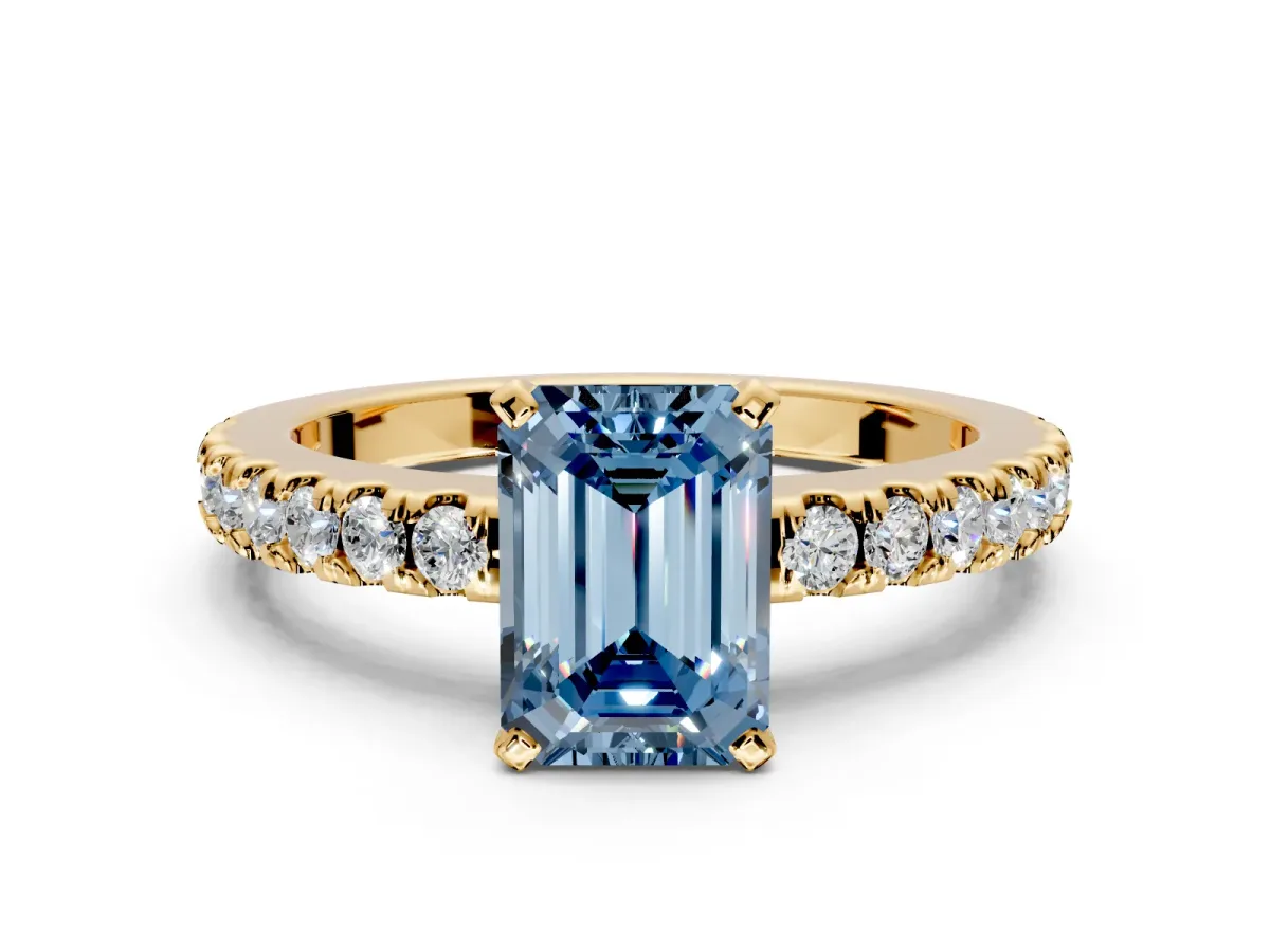 Solitaire Engagement Ring Setting for Fancy Blue Emerald Cut Center with Single Row Accent Band and Prong Head in Yellow Gold
