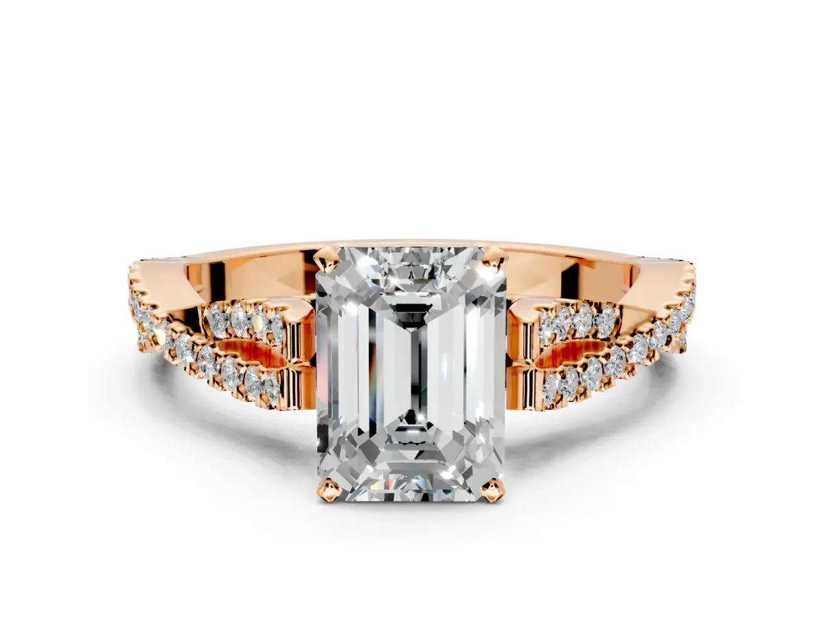 Solitaire Engagement Ring Setting for Emerald Cut Center with Twisted Pave Split Shank and Prong Head in Rose Gold