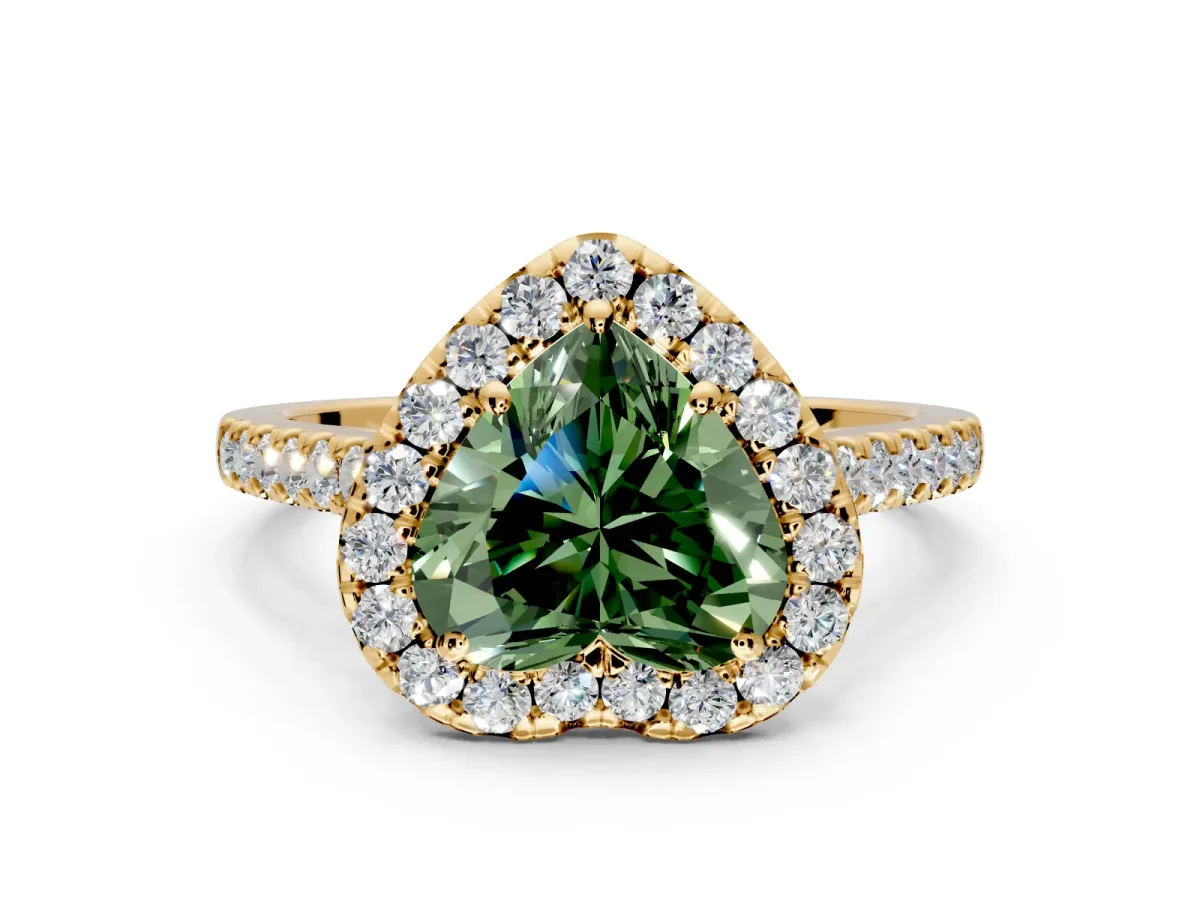 Halo Engagement Ring Setting for Fancy Green Heart-Shaped Center with Narrowing Pave Band and Prong Head in Yellow Gold