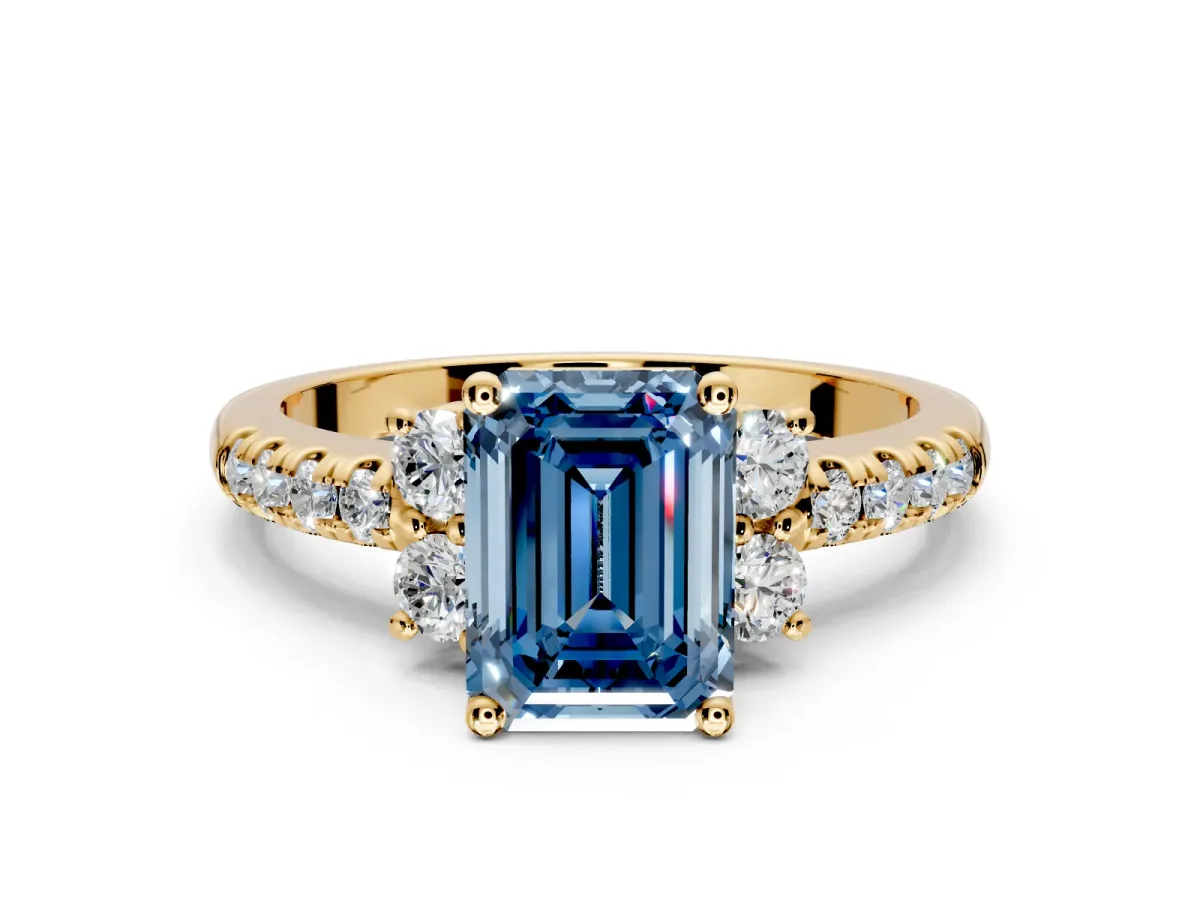 Paired Accent Engagement Ring Setting for Fancy Blue Emerald Cut Center with Pave Band and Prong Head in Yellow Gold