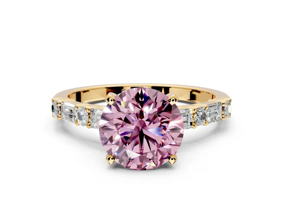Baguette Engagement Ring Setting for Fancy Pink Round Cut Center with Alternating Bar-Set Band and Prong Head in Yellow Gold