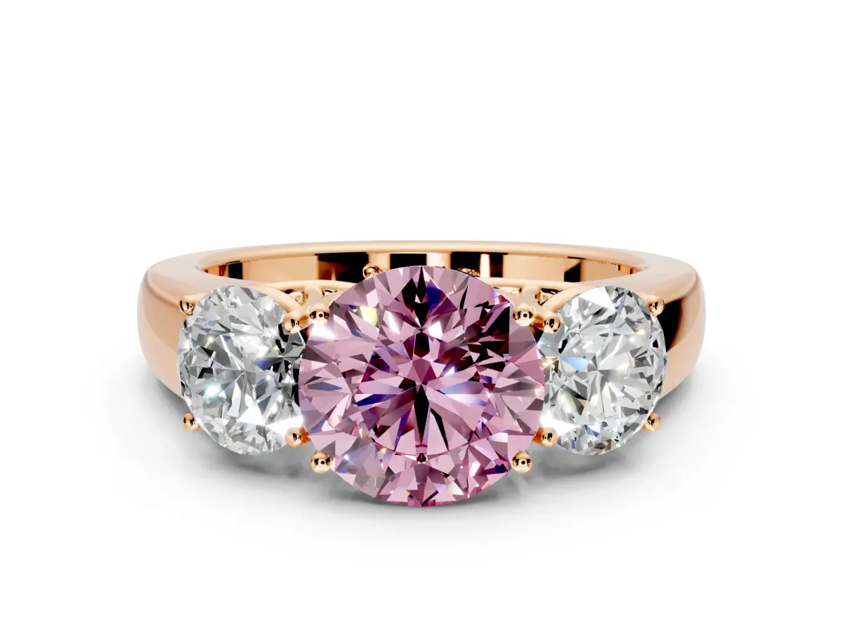 3 Stone Engagement Ring Setting for Fancy Pink Round Cut Center with Raised Basket Heads and Prong Head in Rose Gold