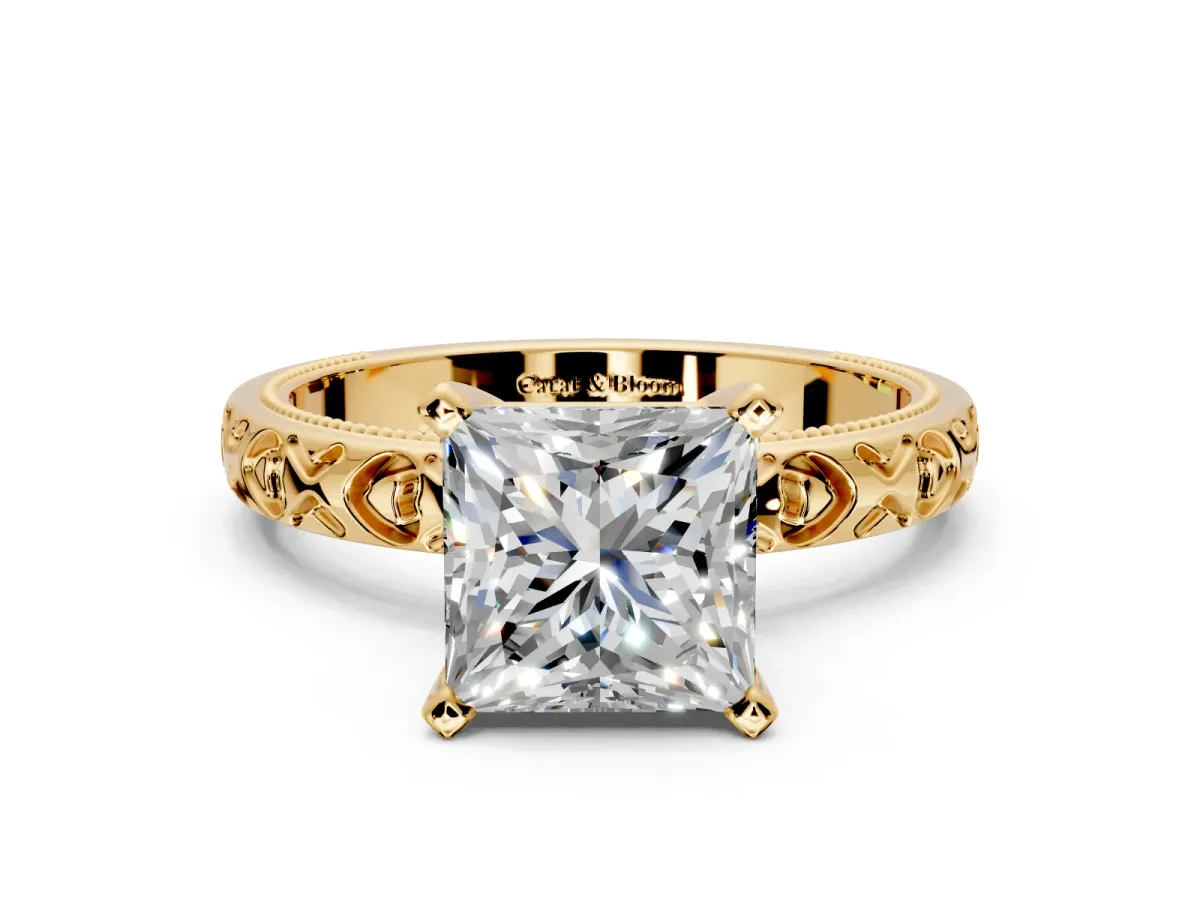 Solitaire Engagement Ring Setting for Princess Cut Center with XO Engraved Band and Prong Head in Yellow Gold
