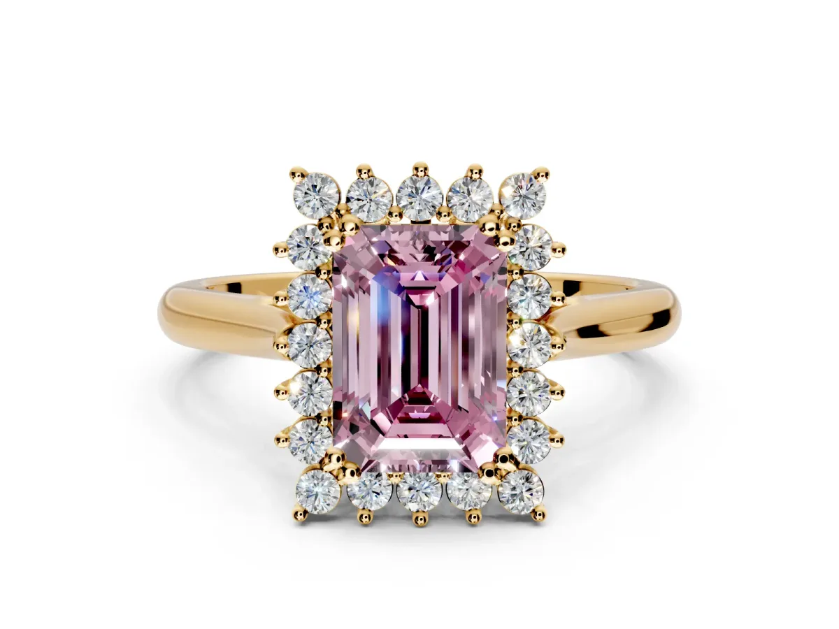 Starburst Halo Engagement Ring Setting for Fancy Pink Emerald Cut Center with Thin Round-Wire Band and Prong Head in Yellow Gold