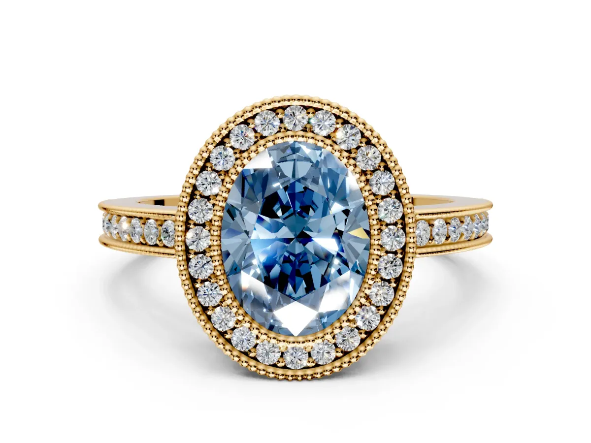 Halo Engagement Ring Setting for Fancy Blue Oval Center with Milgrain Halo, Pave Band and Prong Head in Yellow Gold