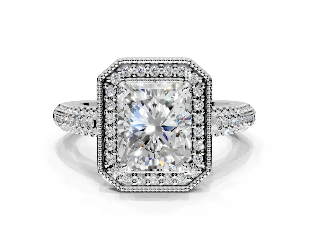 Milgrain Halo Engagement Ring Setting for Radiant Cut Center with Three-Sided Pave Band and Prong Head in White Gold