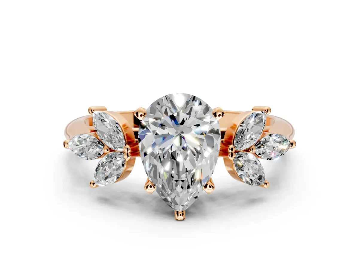 Floral Cluster Engagement Ring Setting for Pear-Shaped Center with Marquise Accents and Prong Head in Rose Gold
