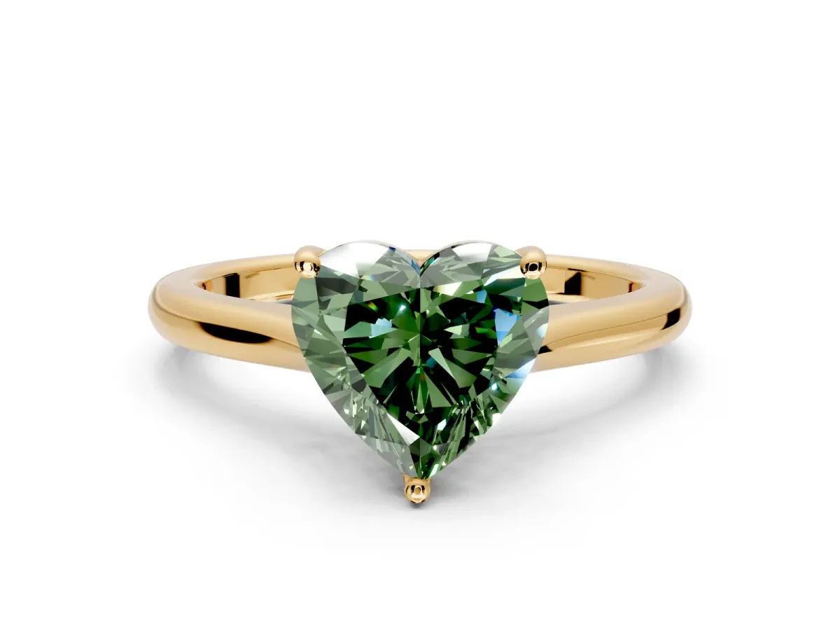Solitaire Engagement Ring Setting for Fancy Green Heart-Shaped Center with Narrow Cathedral Band and Prong Head in Yellow Gold