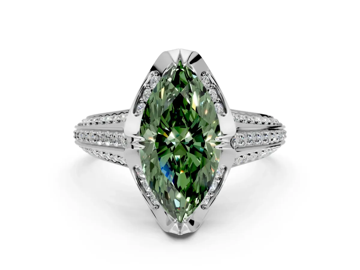 Solitaire Engagement Ring Setting for Fancy Green Marquise Center with Accented Split Shank and Prong Head in White Gold