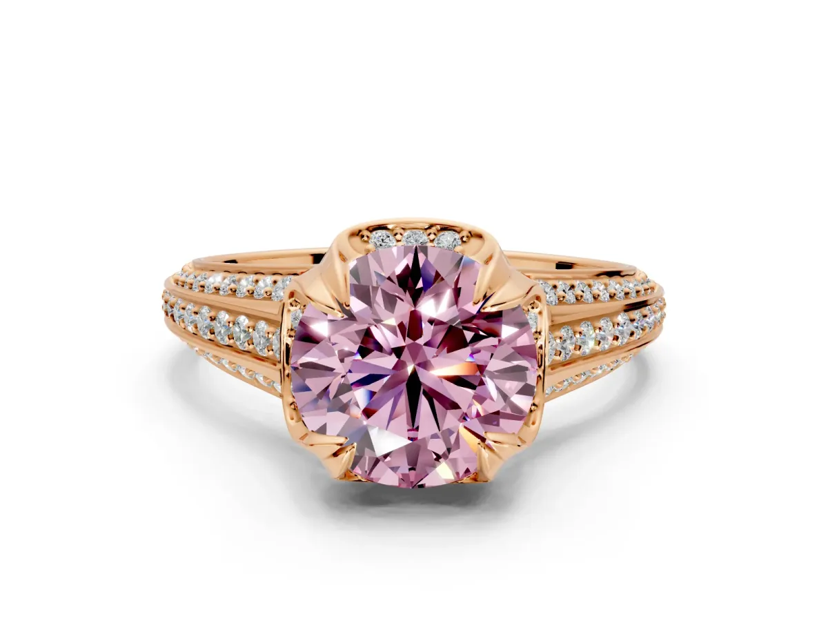 Solitaire Engagement Ring Setting for Fancy Pink Round Cut Center with Accented Split Shank and Prong Head in Rose Gold