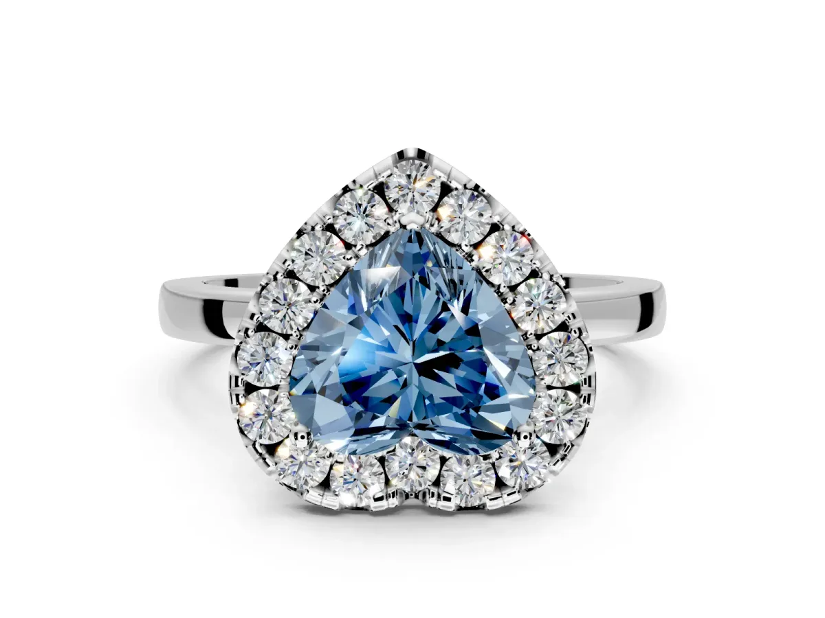 Halo Engagement Ring Setting for Fancy Blue Heart-Shaped Center with Thin Plain Band and Prong Head in Sterling Silver