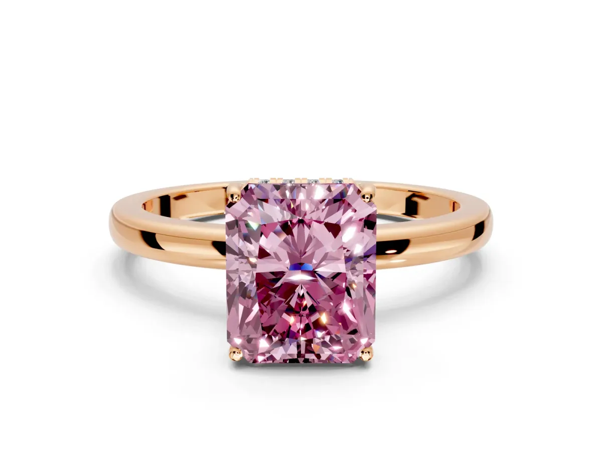 Solitaire Engagement Ring Setting for Fancy Pink Radiant Cut Center with Fine Wire Band and Prong Head in Rose Gold