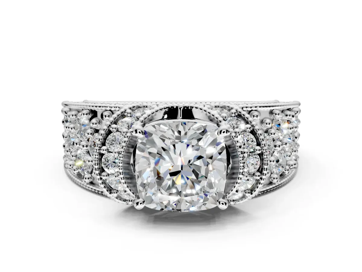 Pave Engagement Ring Setting for Cushion Cut Center with Curved Accent Rows, Openwork and Prong Head in White Gold