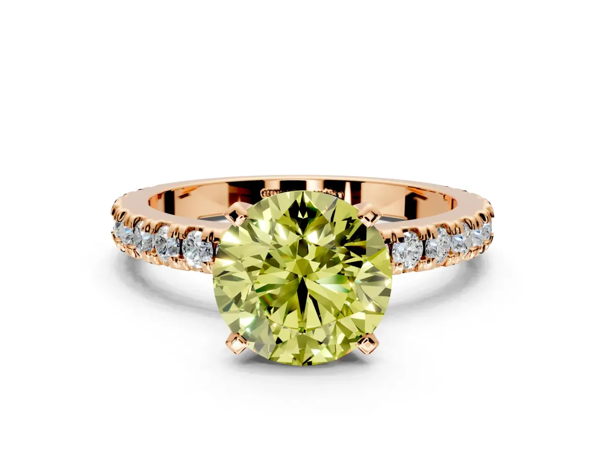 Solitaire Engagement Ring Setting for Fancy Yellow Round Cut Center with Fine Pave Band and Claw Prong Head in Rose Gold