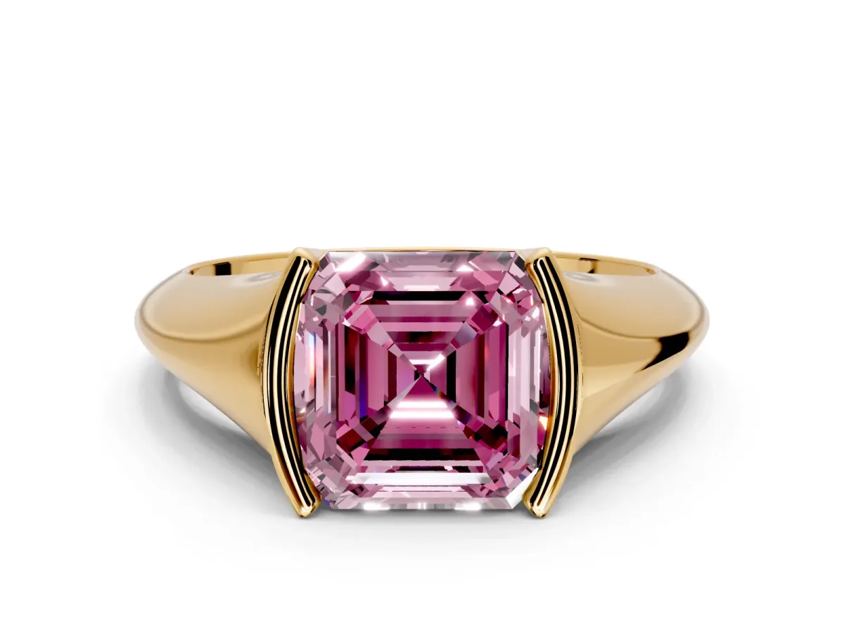 Tension Engagement Ring Setting for Fancy Pink Asscher Cut Center with Wide Tapered Band and Tension Head in Yellow Gold