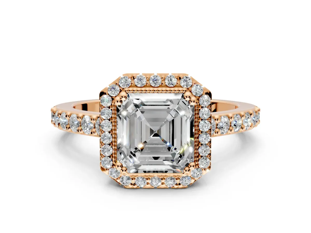 Halo Engagement Ring Setting for Asscher Cut Center with Inner Milgrain Border and Prong Head in Rose Gold